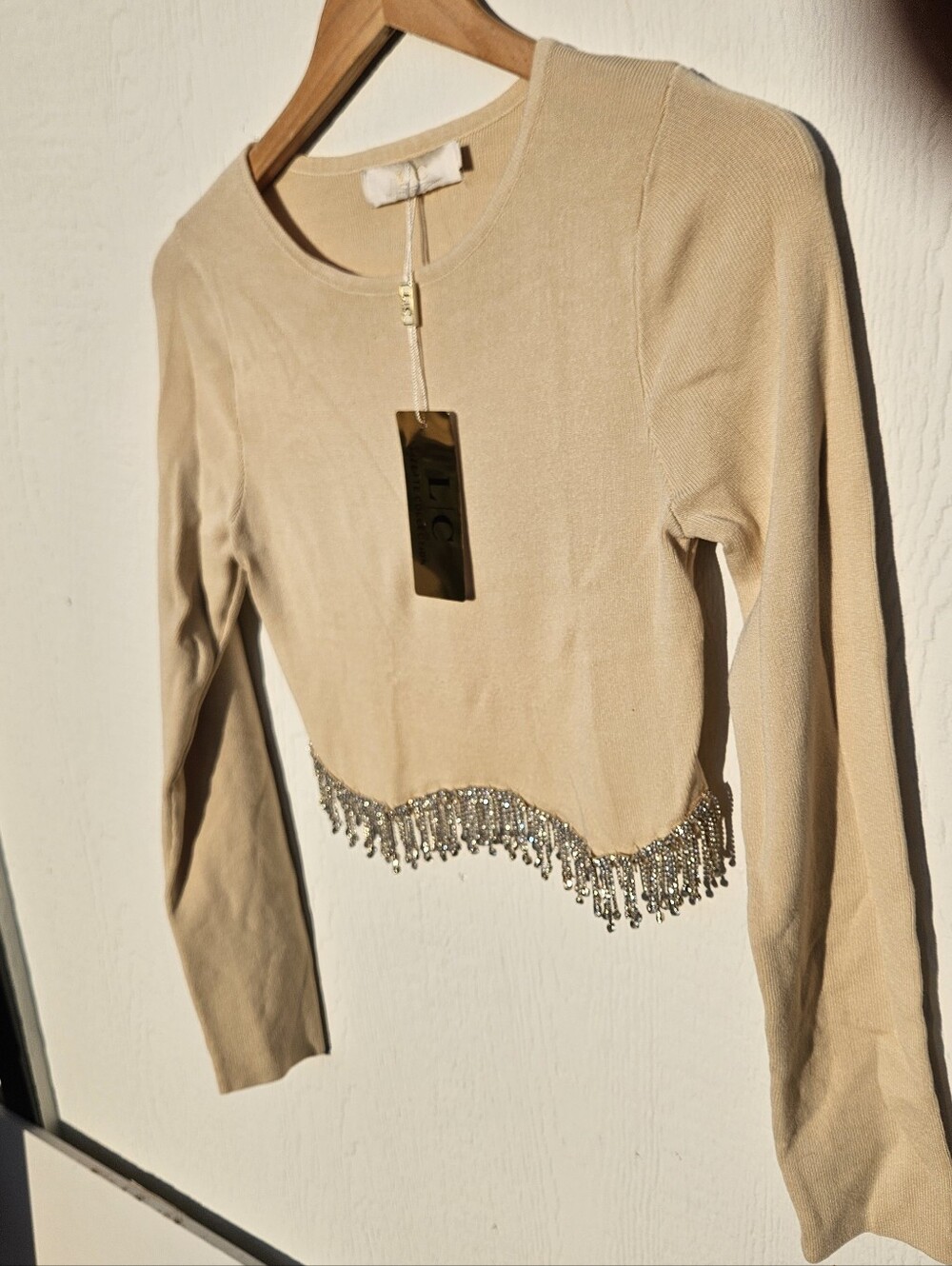 LC COLLECTION Cream Beaded Hem Long Sleeve Crop Top Nwt